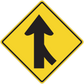 Yellow road sign sticker with black upward arrow in a diamond