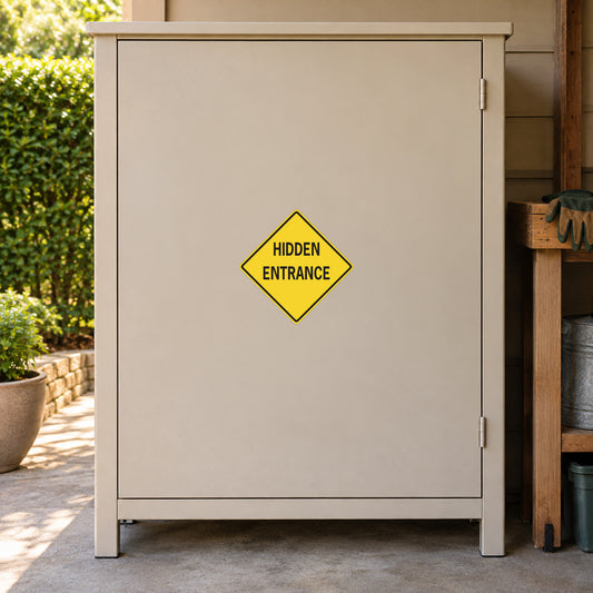 Yellow diamond road sign sticker reading "HIDDEN ENTRANCE"