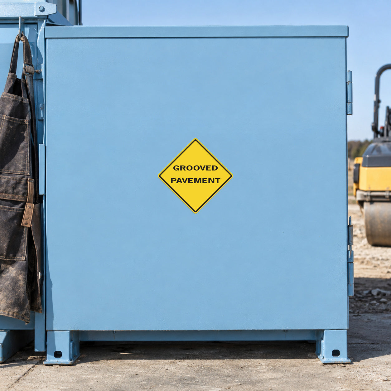 Road Sign Sticker applied in A pale blue paving crew equipment locker with folded work apron extreme left and compact roller edge far right, blank smooth front