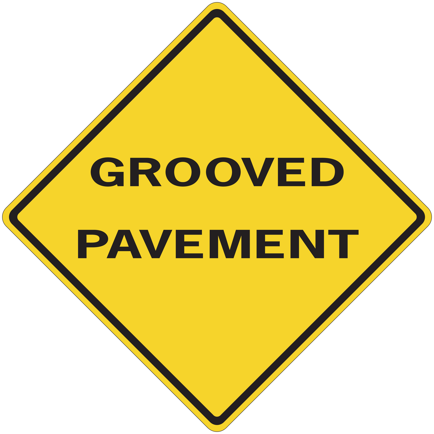 Road sign sticker with yellow diamond and text “GROOVED PAVEMENT”