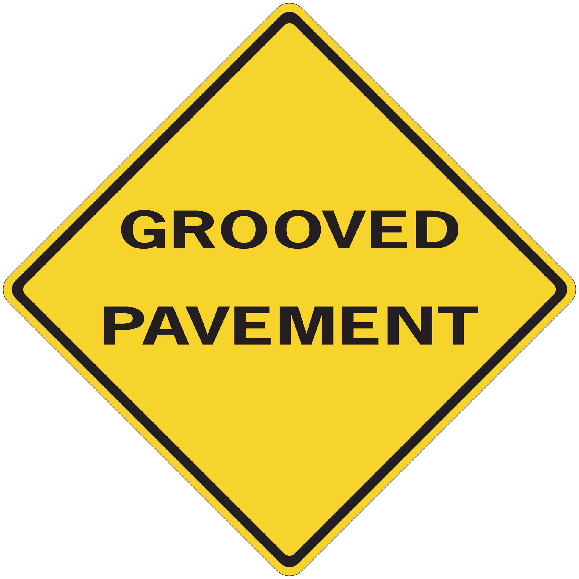 Road sign sticker with yellow diamond and text “GROOVED PAVEMENT”
