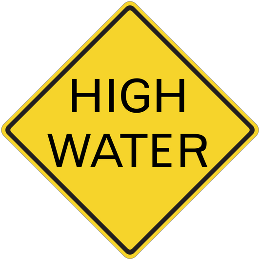 Yellow road sign sticker, diamond shape with black border and “HIGH WATER” text