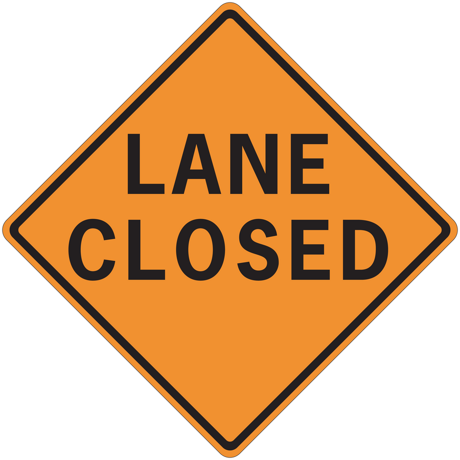 Road sign sticker: orange diamond with black border, 'LANE CLOSED' text