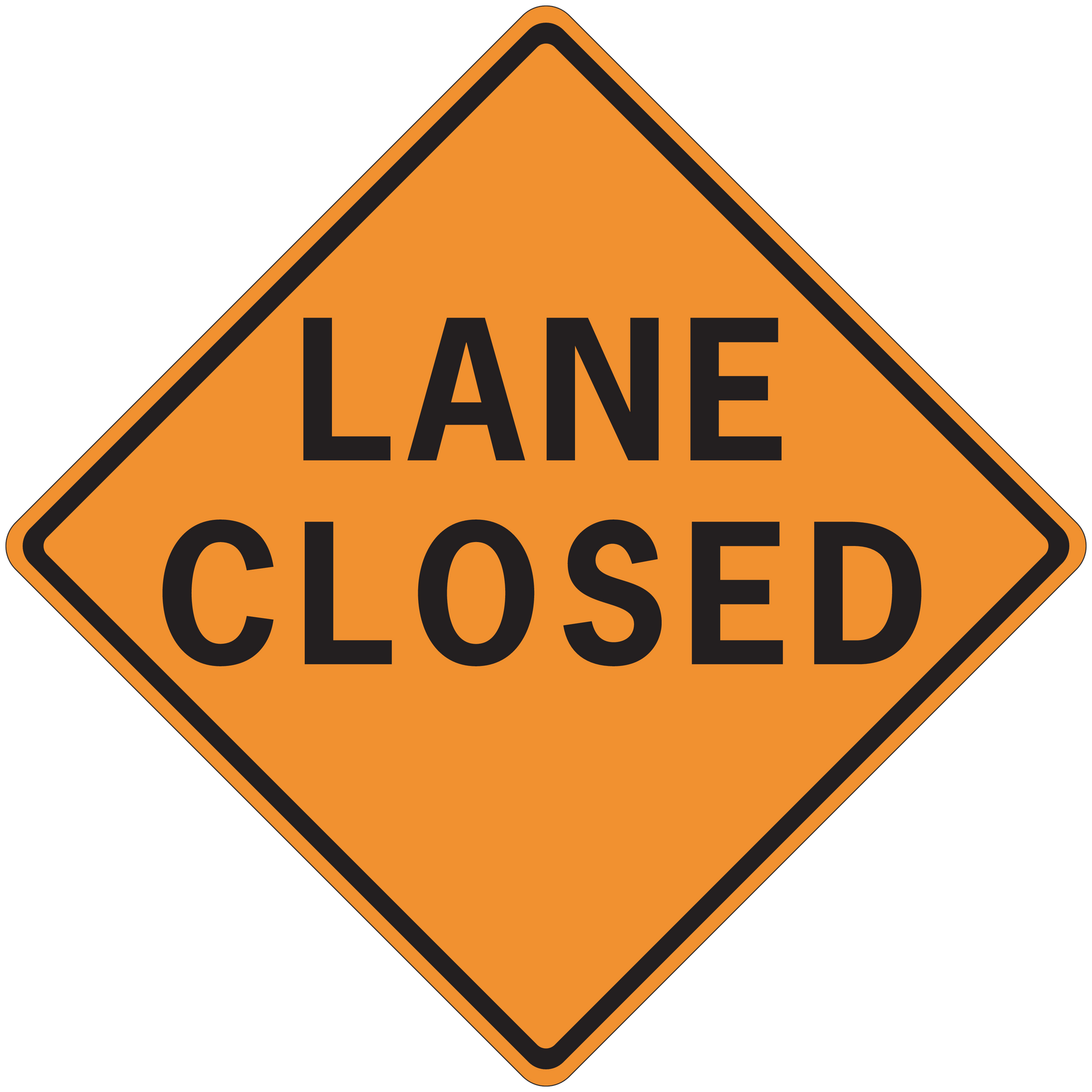 Road sign sticker: orange diamond with black border, 'LANE CLOSED' text