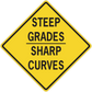 Yellow road sign sticker, black border diamond with 'STEEP GRADES SHARP CURVES'.