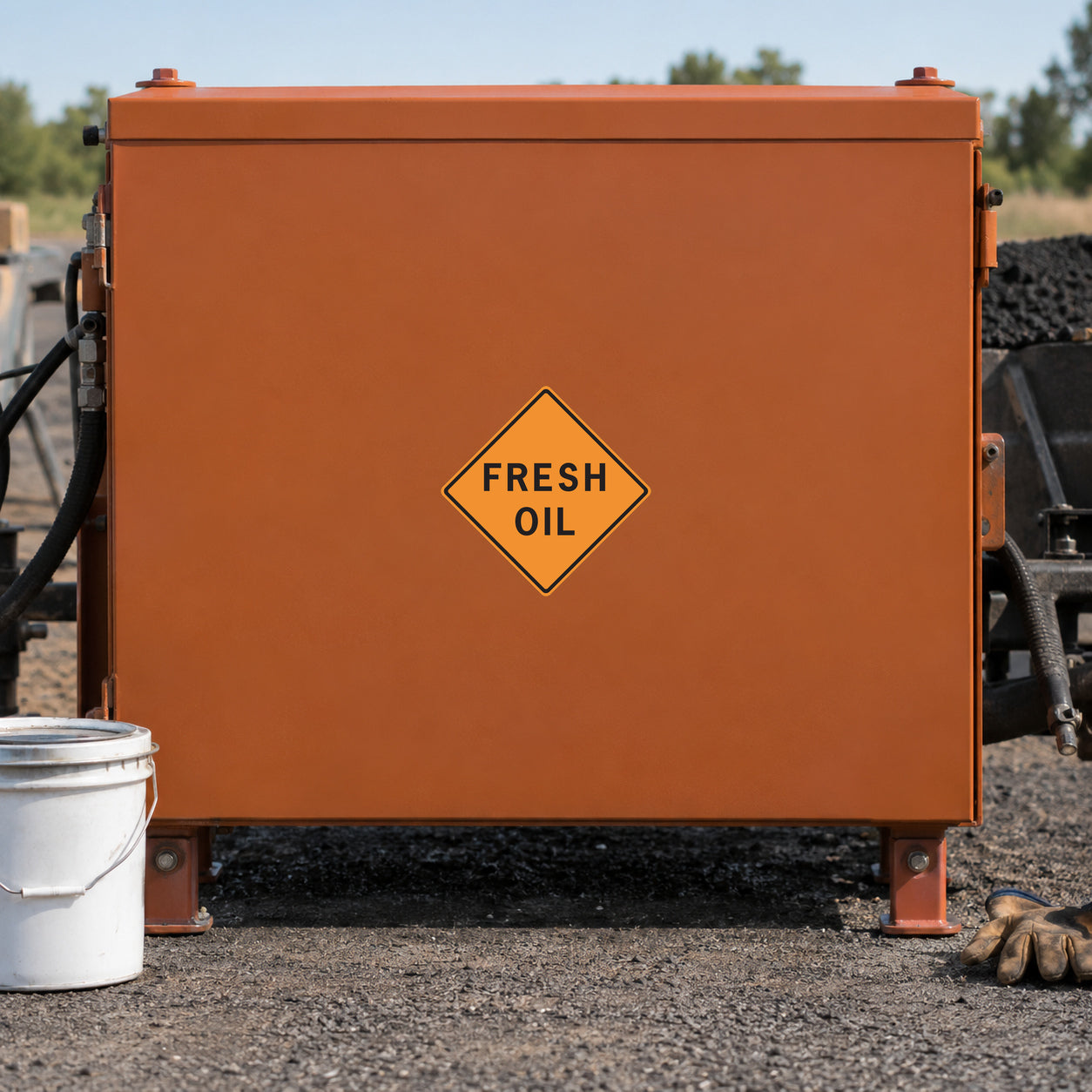 Orange road sign sticker with yellow diamond 'FRESH OIL' text