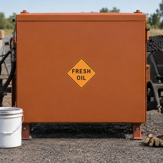 Orange road sign sticker with yellow diamond 'FRESH OIL' text