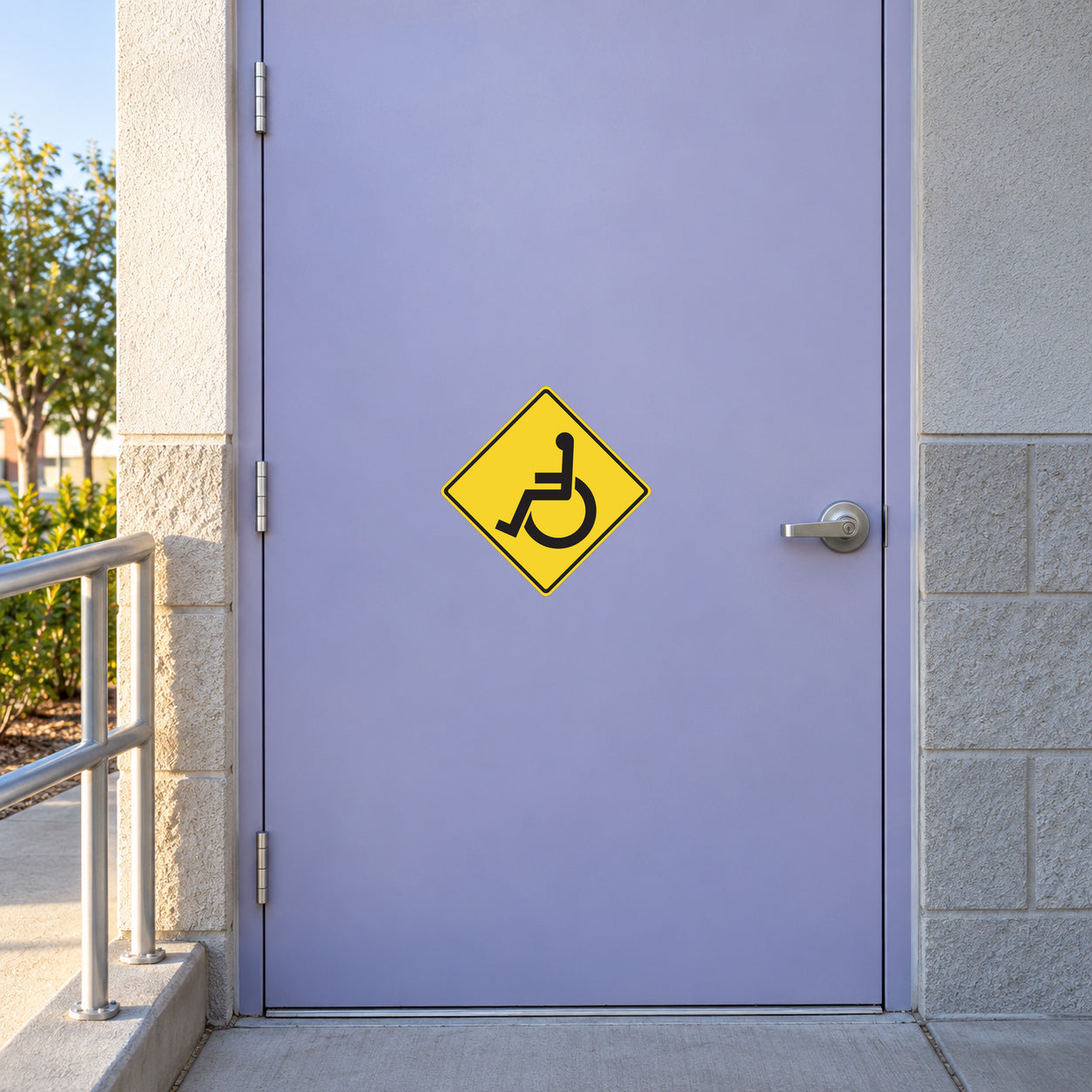 Road Sign Sticker applied in An accessible community center entrance, smooth pale lavender metal service door, wheelchair ramp edge at extreme left, brushed handle far right, soft morning sun