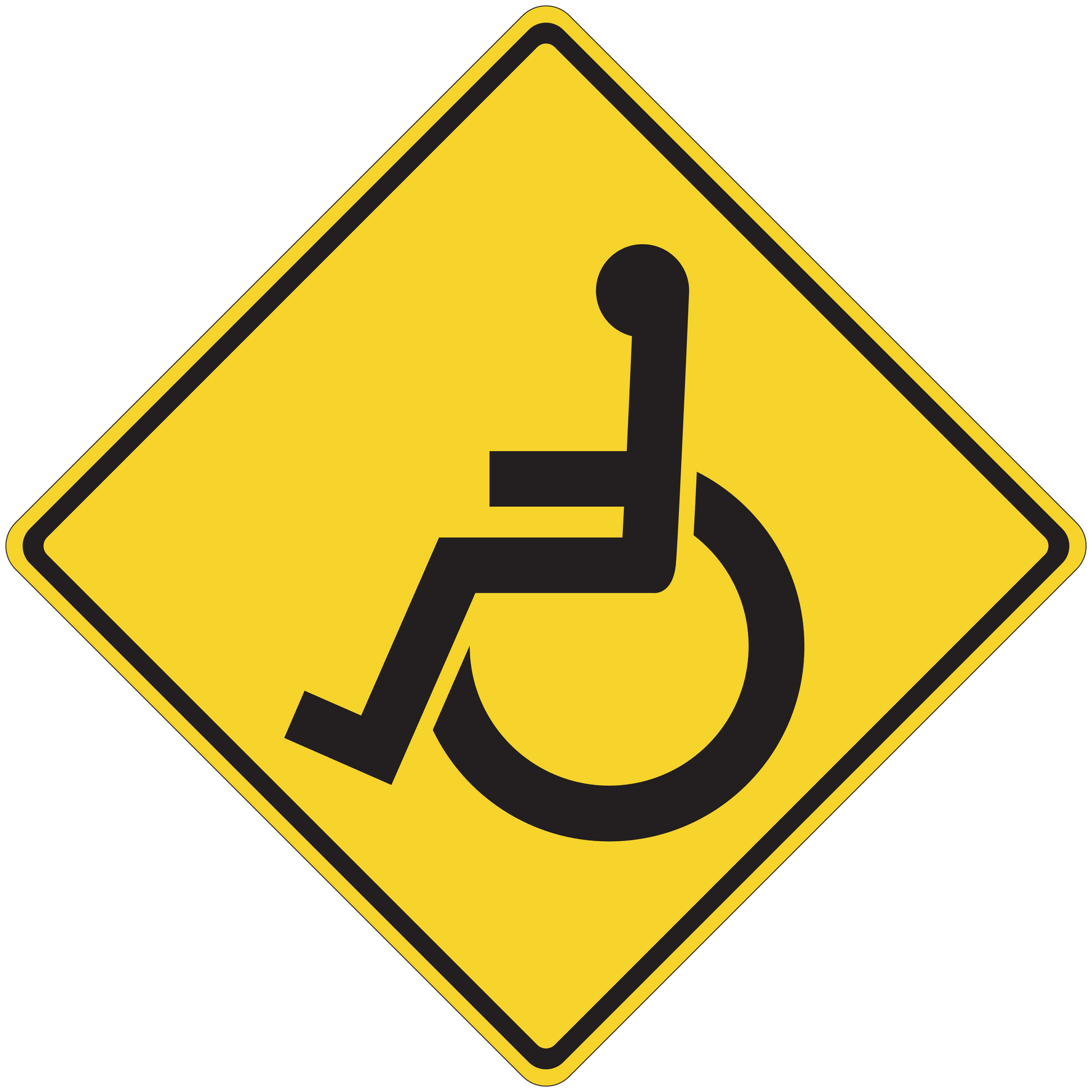 Yellow road sign sticker with black wheelchair accessibility symbol, diamond shape with border