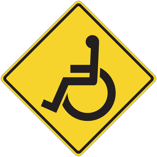 Yellow road sign sticker with black wheelchair accessibility symbol, diamond shape with border