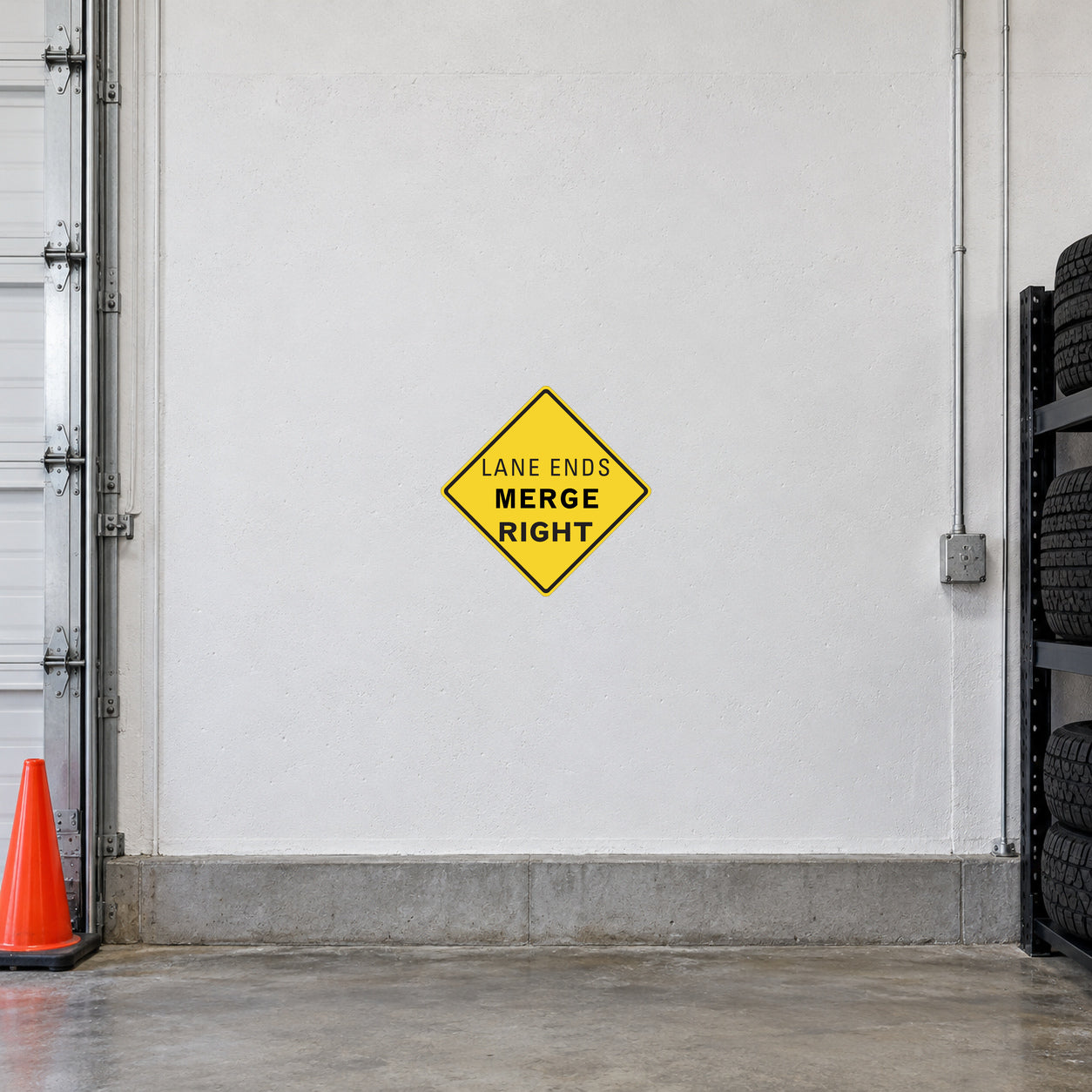 Yellow diamond road sign sticker with “LANE ENDS MERGE RIGHT” text