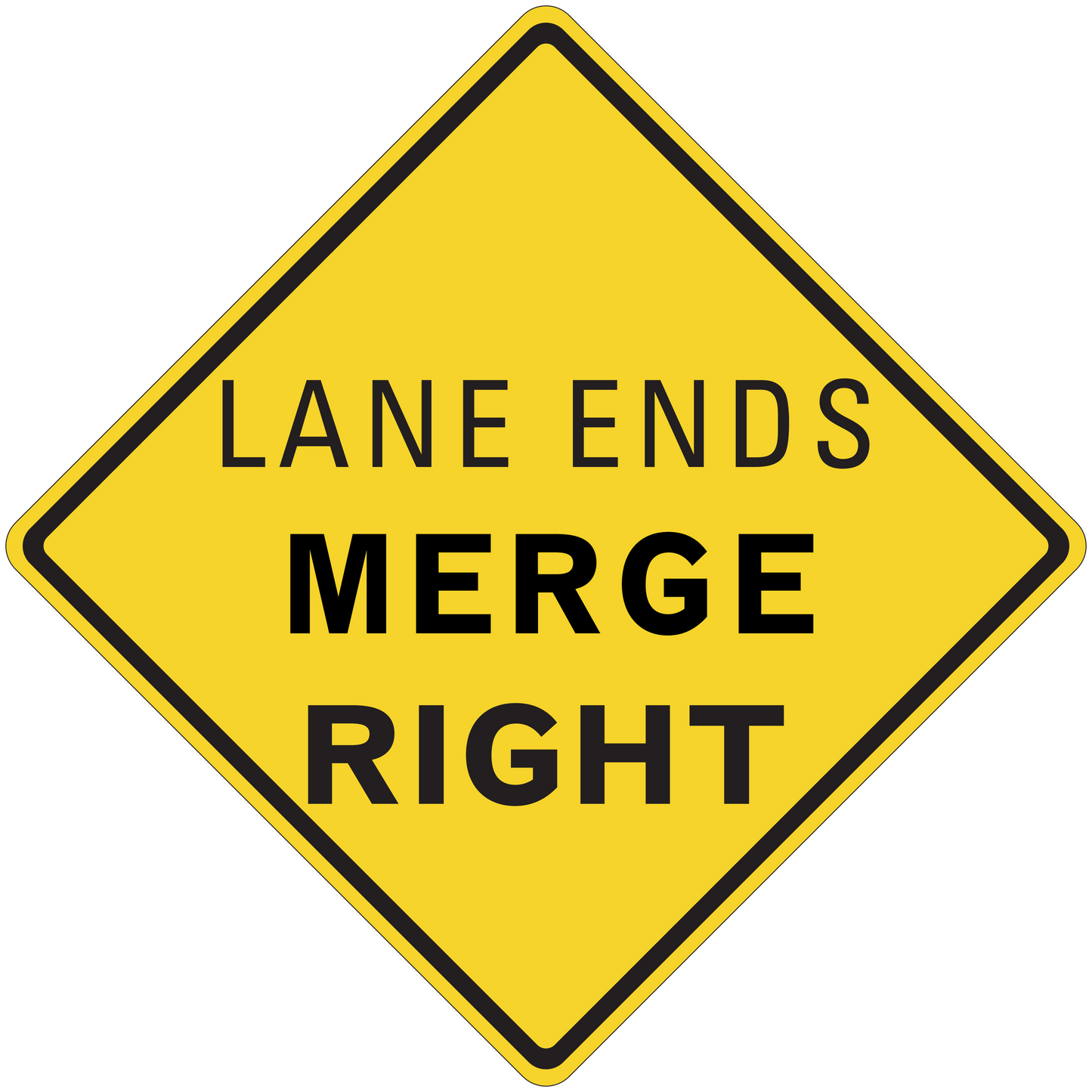 Road sign sticker with yellow diamond and black text: LANE ENDS, MERGE RIGHT.