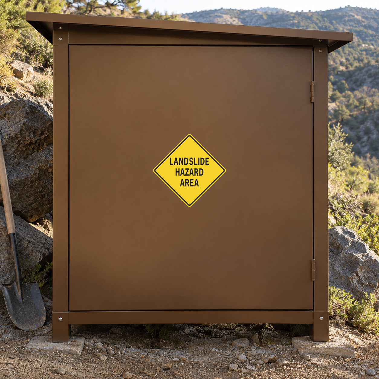 Landslide hazard area warning sticker on road sign panel, yellow diamond with black text