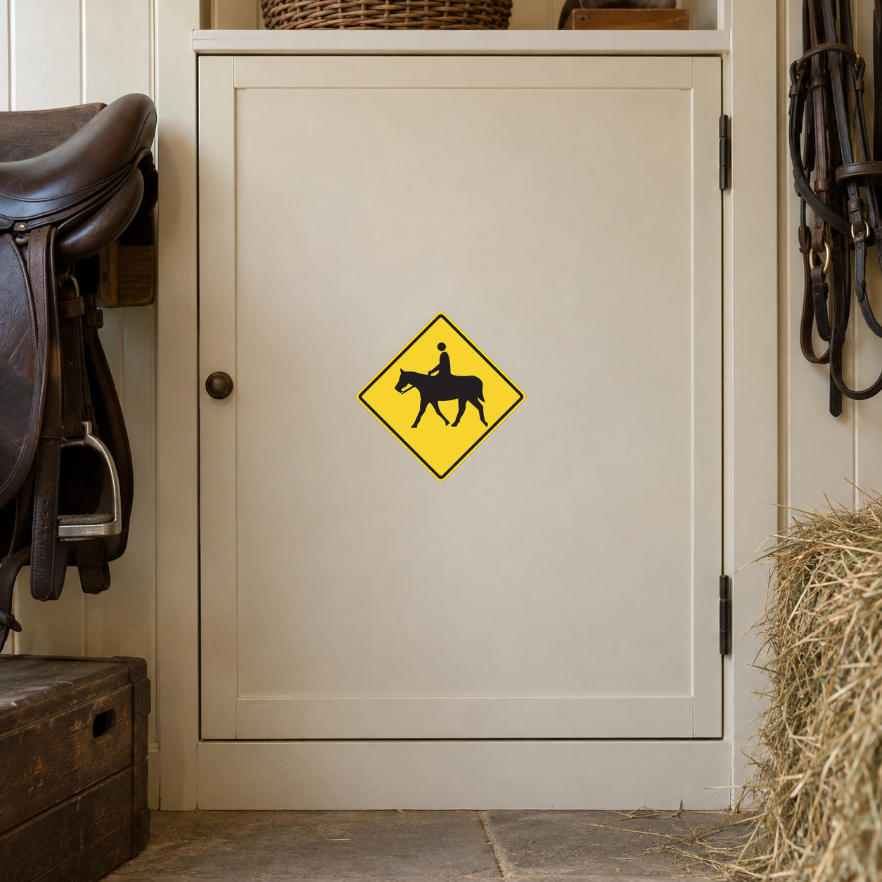 Road Sign Sticker applied in An equestrian stable tack room, one smooth cream painted wooden cupboard door, leather saddle at extreme left and hay at bottom right