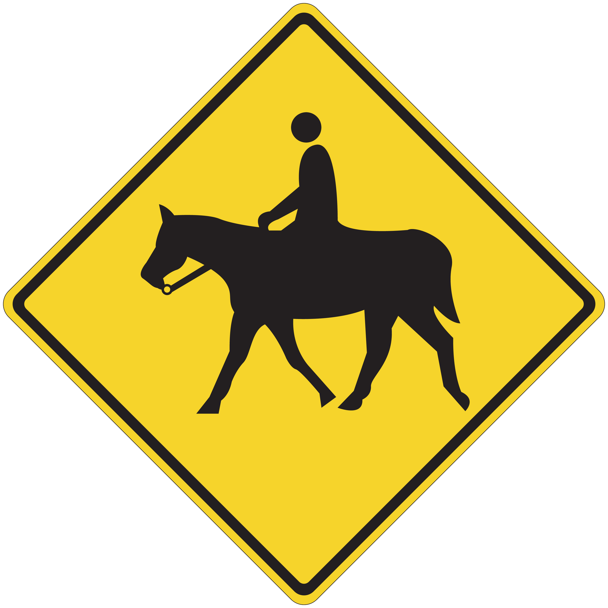 Yellow road sign sticker with black rider-on-horse silhouette in diamond frame