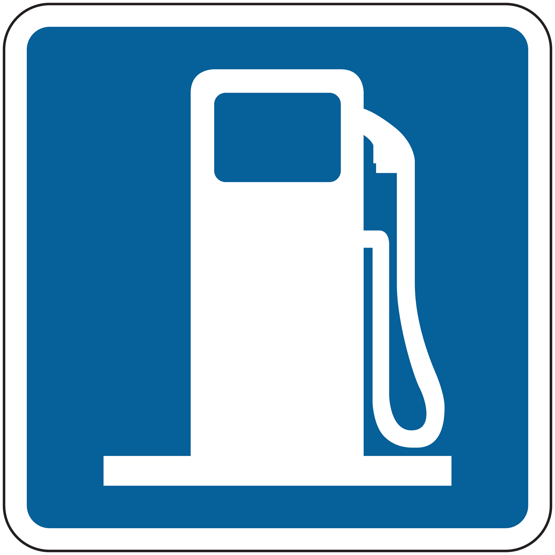 Road sign sticker with white fuel pump icon on blue panel