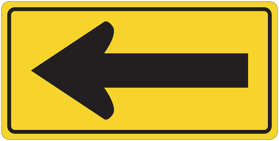 Yellow road sign sticker with black left-pointing arrow on rectangular frame