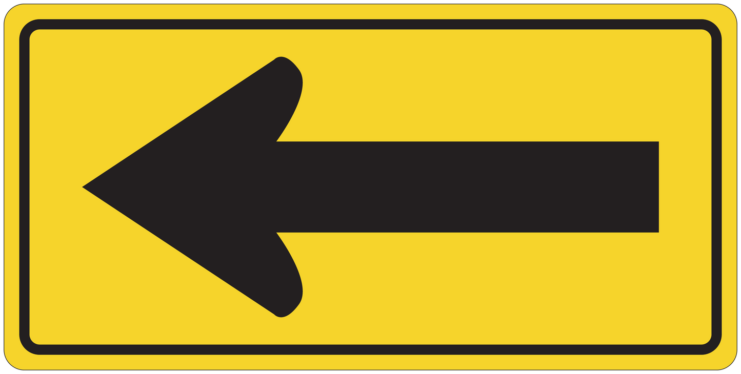 Yellow road sign sticker with black left-pointing arrow on rectangular frame