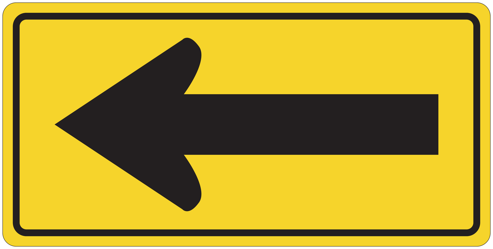 Yellow road sign sticker with black left-pointing arrow on rectangular frame