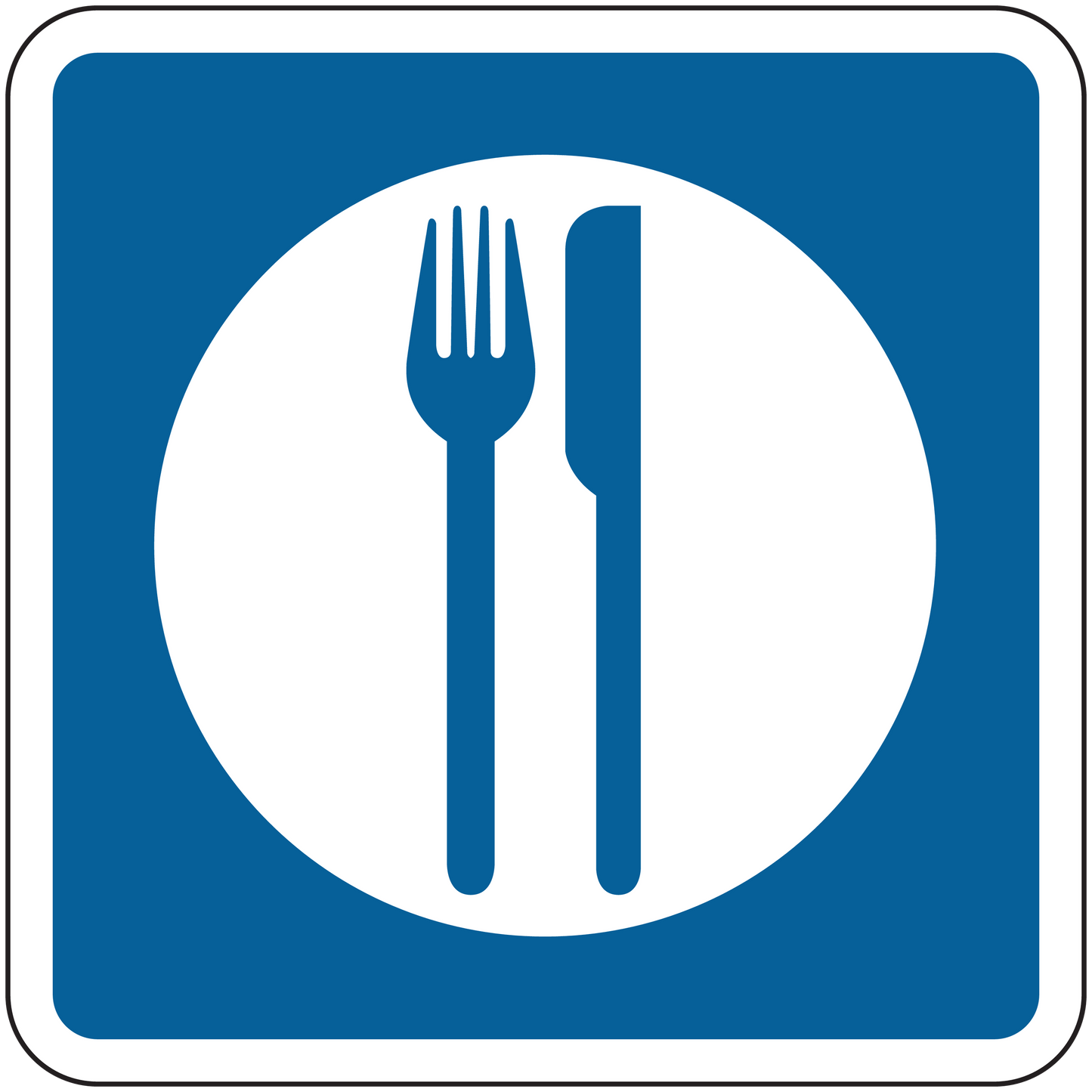 Road sign sticker: blue square with white circle fork and knife