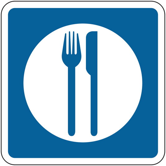 Road sign sticker: blue square with white circle fork and knife