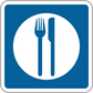Road sign sticker: blue square with white circle fork and knife