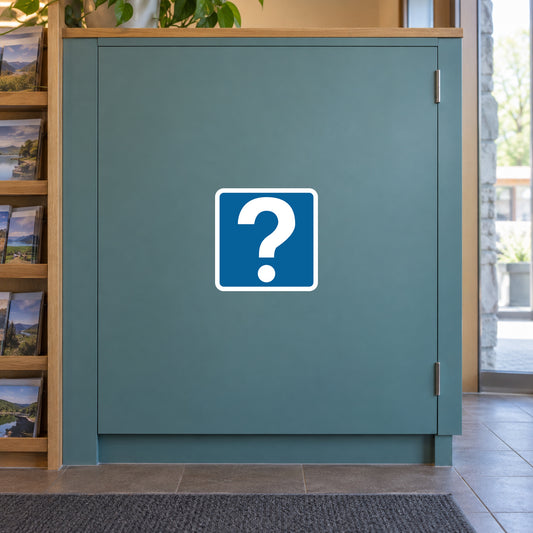Road sign style sticker with white border and blue question mark icon