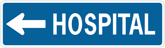 Hospital road sign sticker with left arrow and white HOSPITAL text on blue