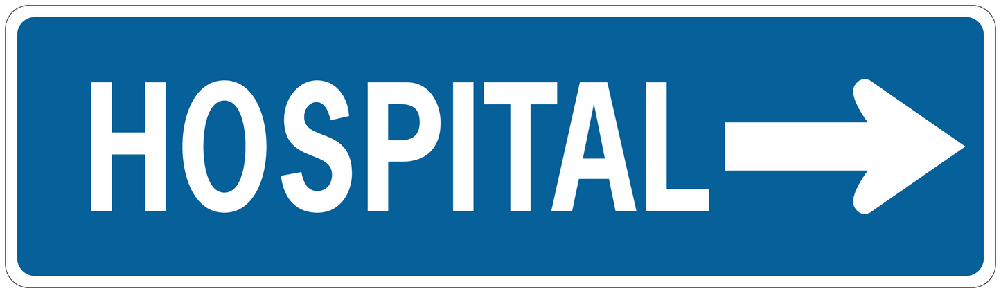 Hospital road sign sticker with white text and right-pointing arrow on blue