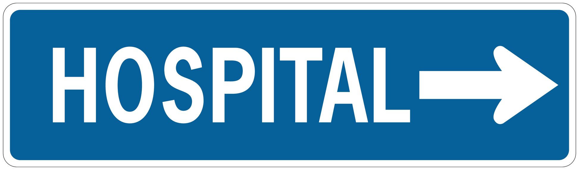 Hospital road sign sticker with white text and right-pointing arrow on blue