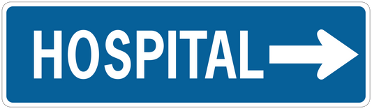 Hospital road sign sticker with white text and right-pointing arrow on blue