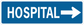 Hospital road sign sticker with white text and right-pointing arrow on blue