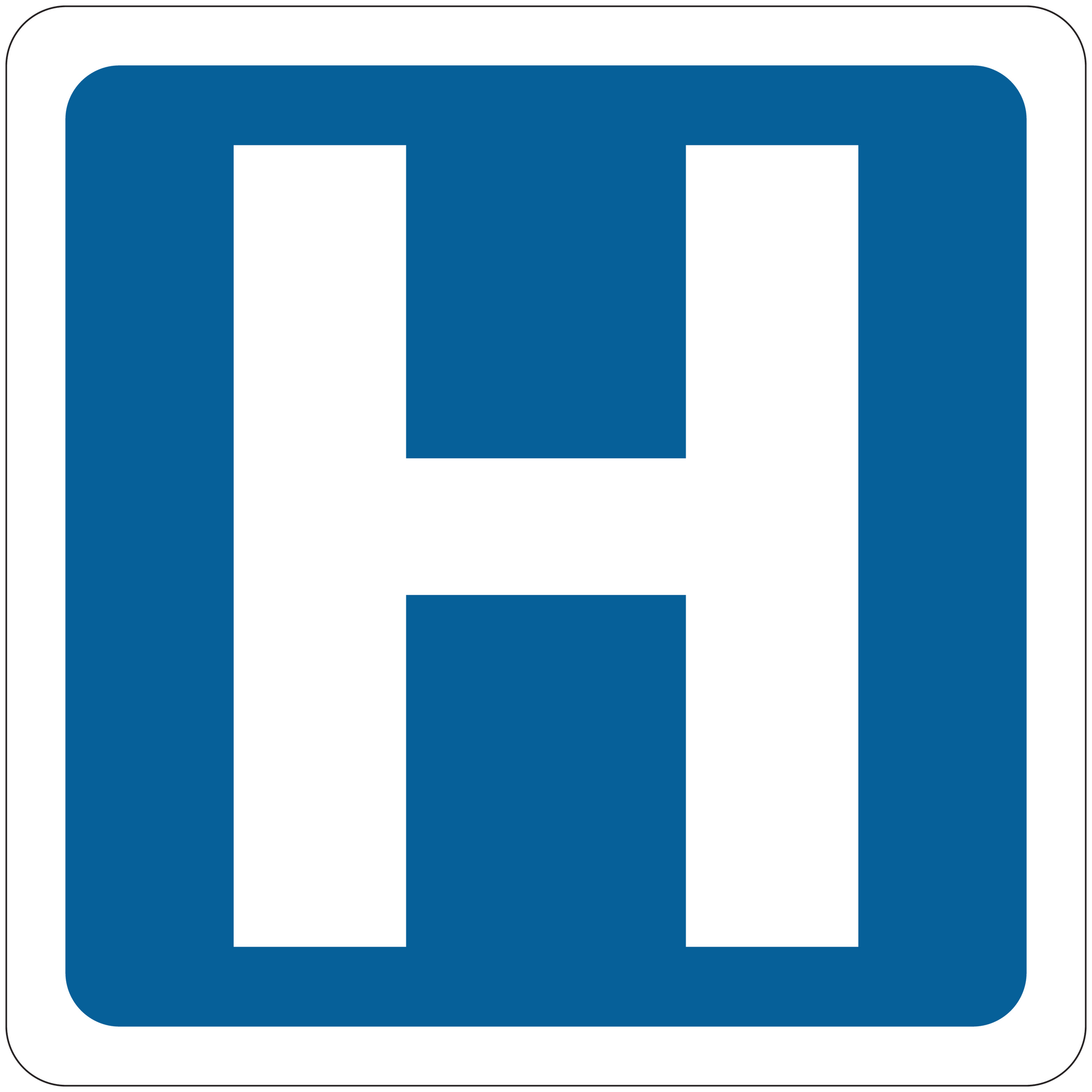 Blue road sign sticker with large white letter H