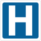 Blue road sign sticker with large white letter H