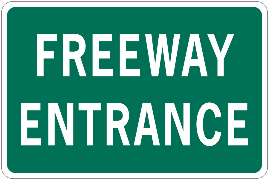 Green freeway entrance road sign sticker with white text, rounded corners