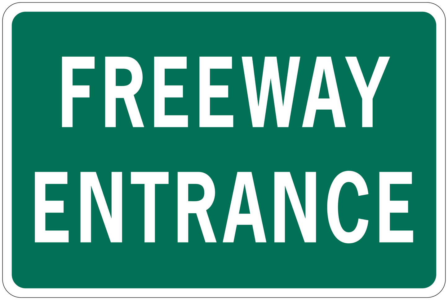 Green freeway entrance road sign sticker with white text, rounded corners