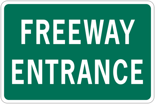 Green freeway entrance road sign sticker with white text, rounded corners