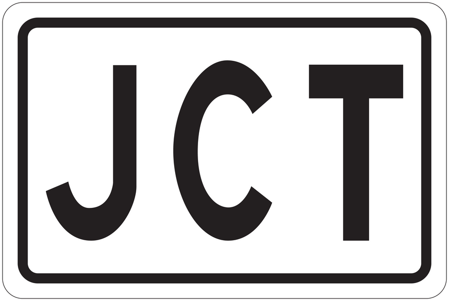 Rectangular road sign sticker with bold black 'JCT' letters on white background