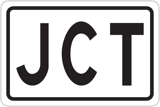 Rectangular road sign sticker with bold black 'JCT' letters on white background