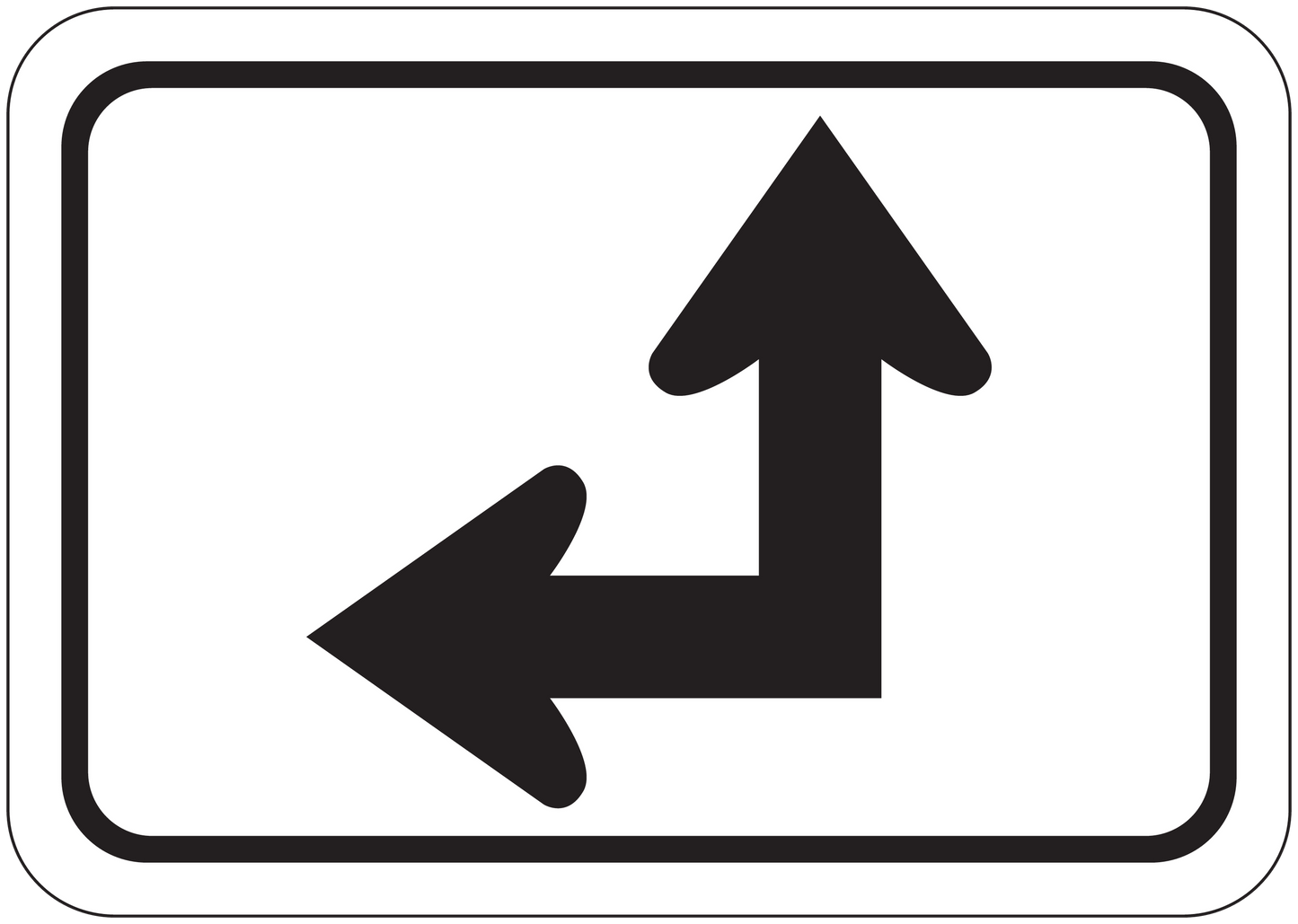 Road sign sticker: rounded rectangle with black up and left arrows