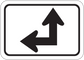 Road sign sticker: rounded rectangle with black up and left arrows