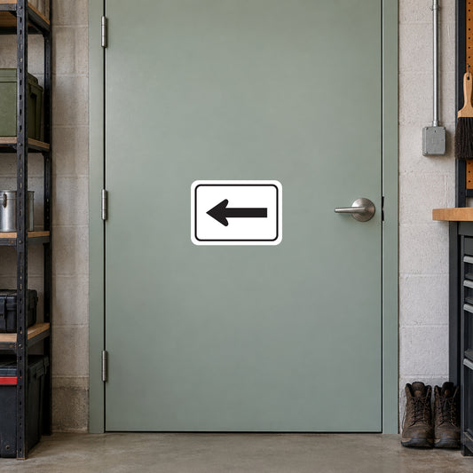 Directional road sign sticker with left arrow icon, white border and black arrow
