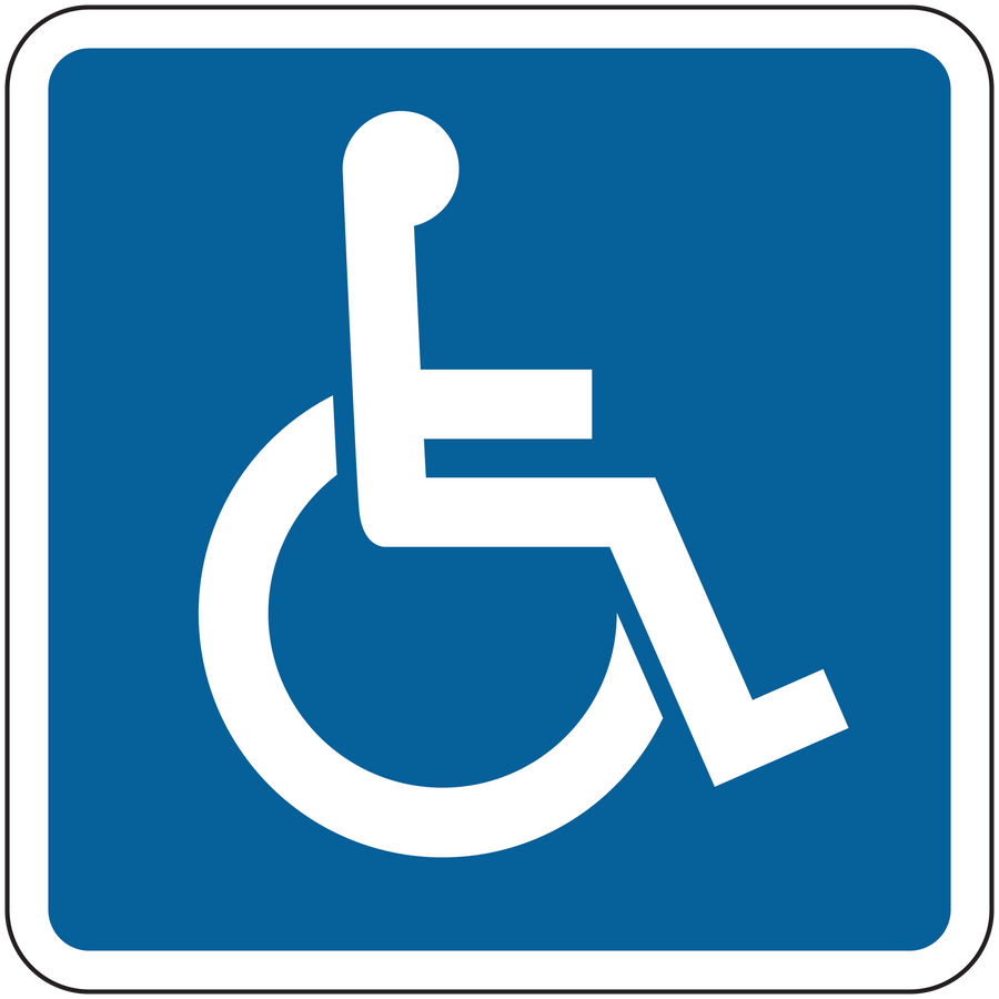 Road sign sticker with white wheelchair accessibility symbol on blue square
