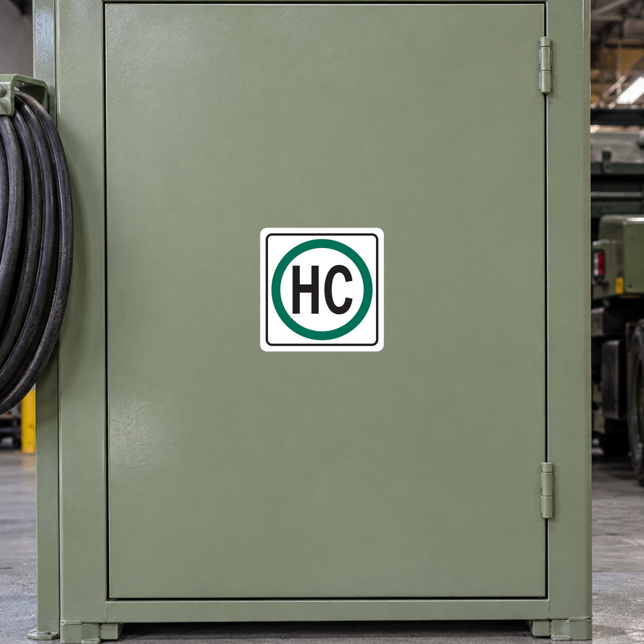 Road sign sticker with green 'HC' logo in circular badge