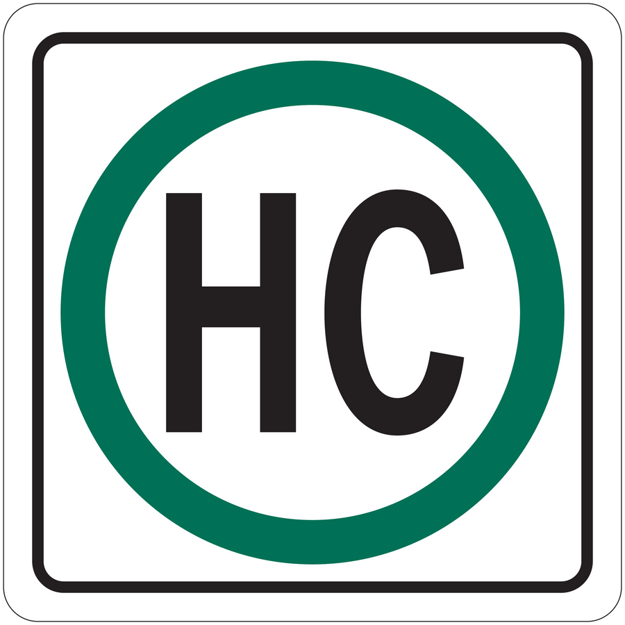 Square road sign sticker with green ring and bold 'HC' letters