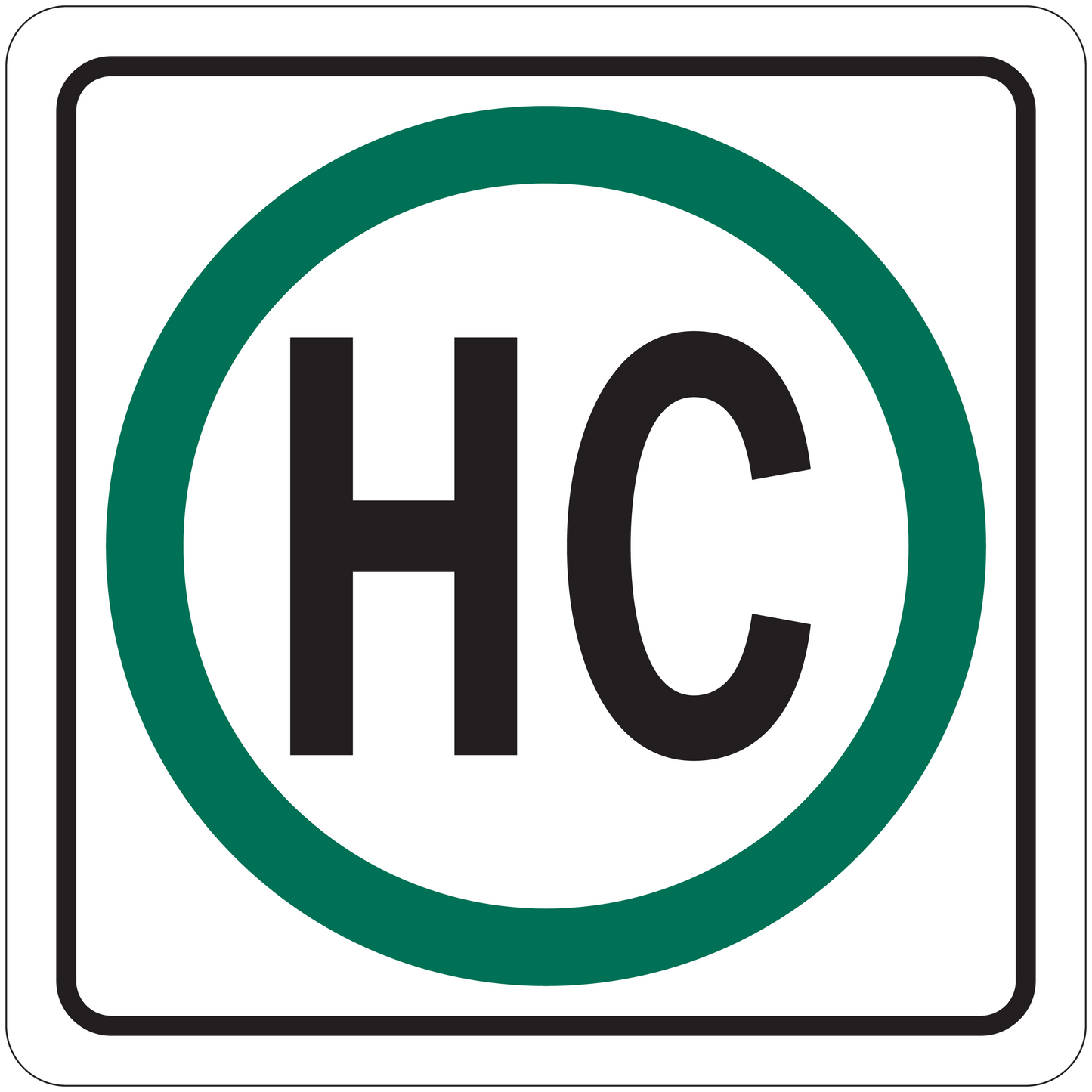 Square road sign sticker with green ring and bold 'HC' letters