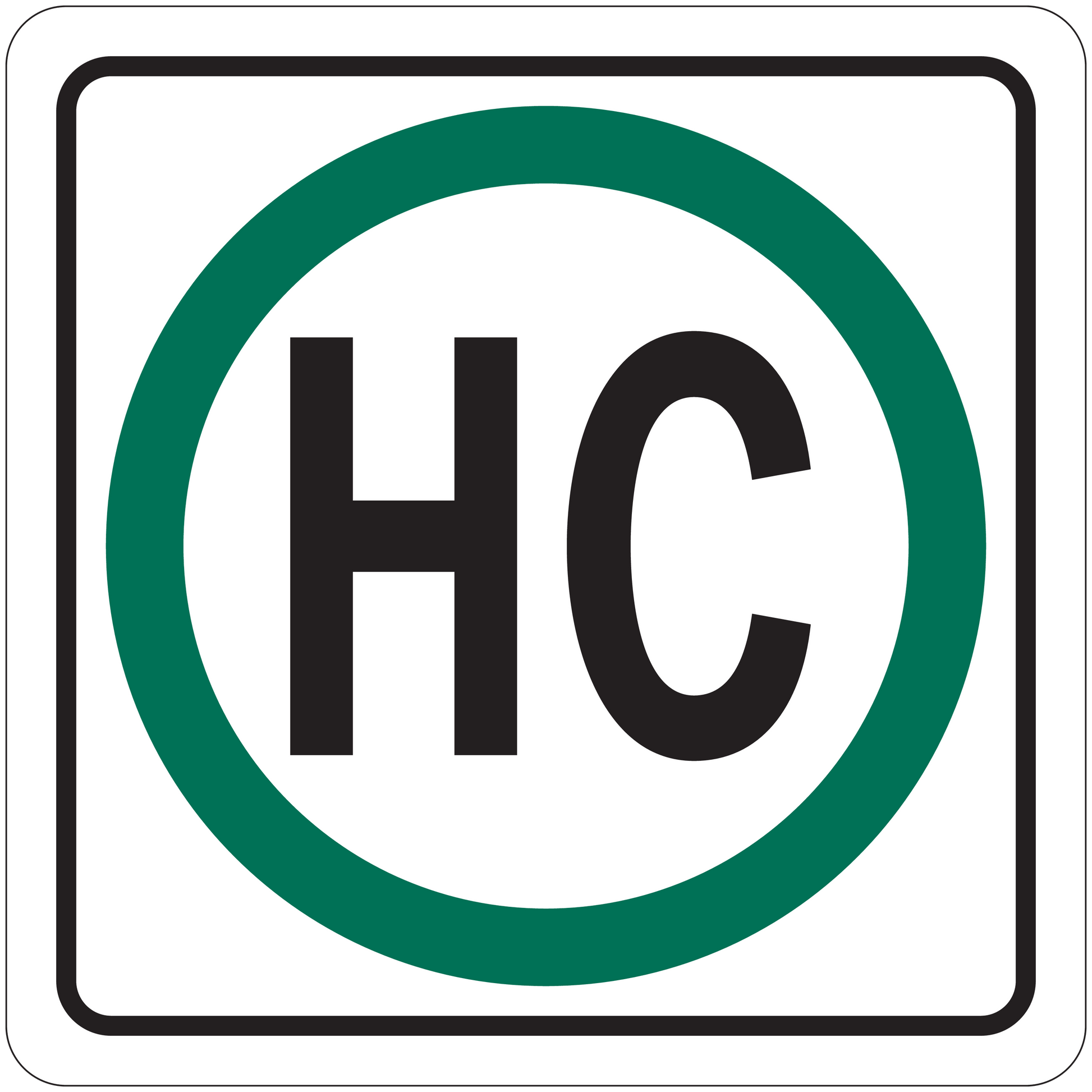 Square road sign sticker with green ring and bold 'HC' letters