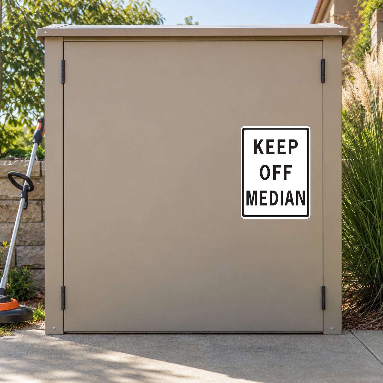 Road Sign Sticker applied in A landscaped campus maintenance shed, smooth tan cabinet front, lawn edging tool extreme left and grasses extreme right