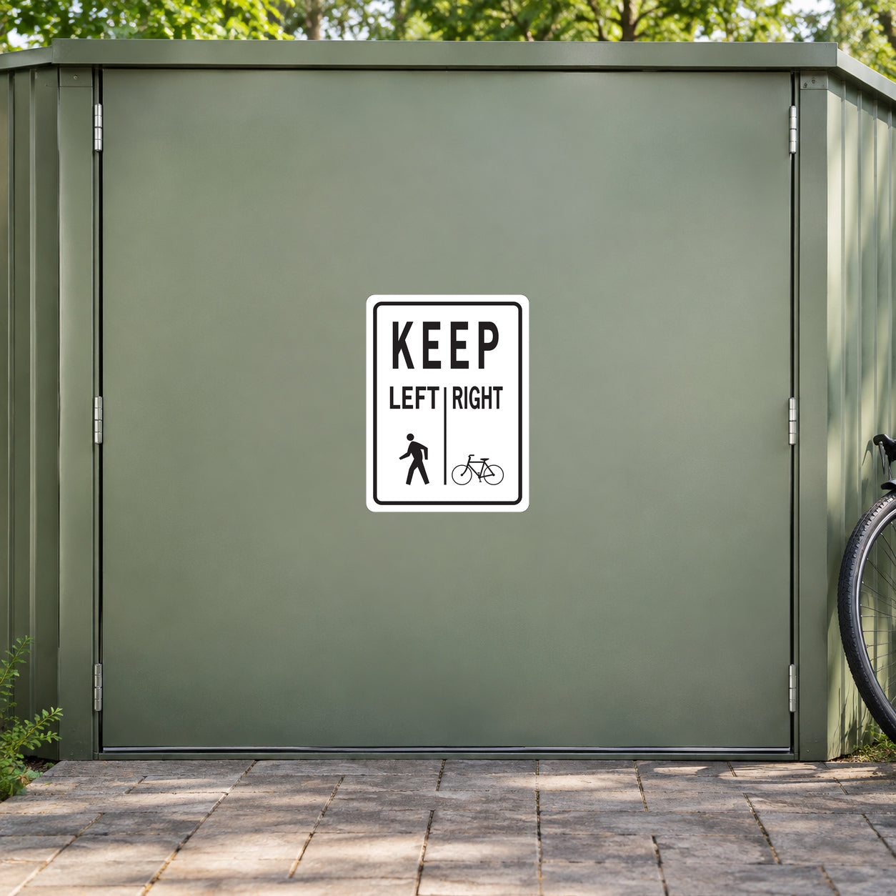 Road Sign Sticker applied in A park cycle storage building, smooth pale moss metal door, bicycle wheel only far right and paving below