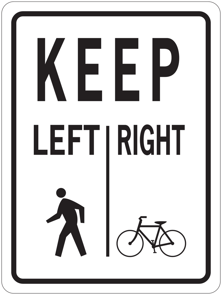 Road sign sticker with KEEP LEFT/RIGHT text and pedestrian and bicycle icons